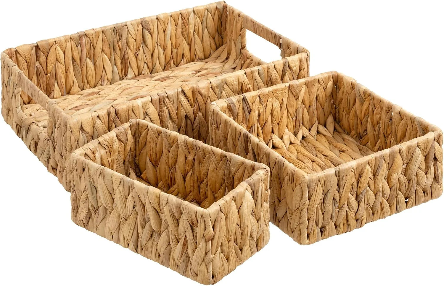 Discount Pantry Baskets for Shelves 3 Pack, Rectangular Wicker Basket with Handles, Natural Water Hyacinth