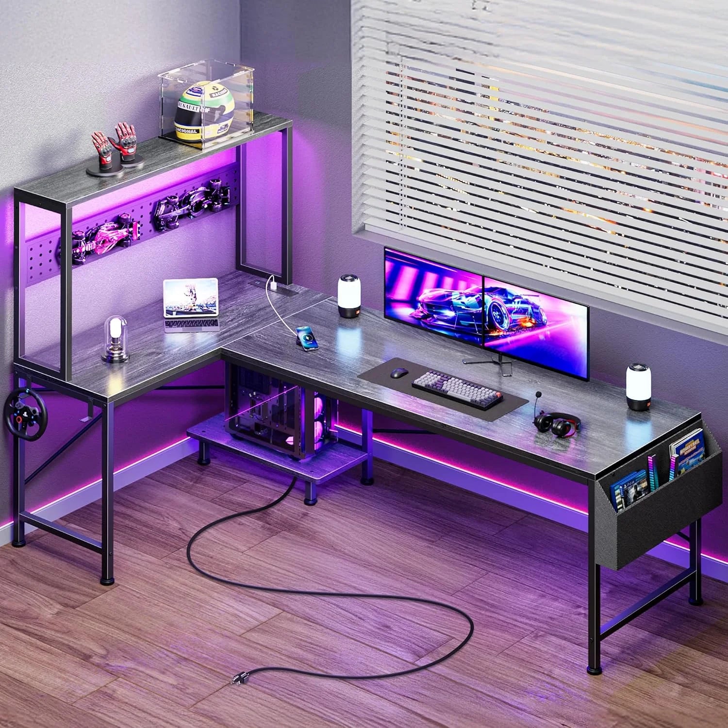 Discount L Shaped Gaming Desk with LED Lights & Power Outlets, Reversible Computer Desk with Storage Shelves & Bag - Image 8