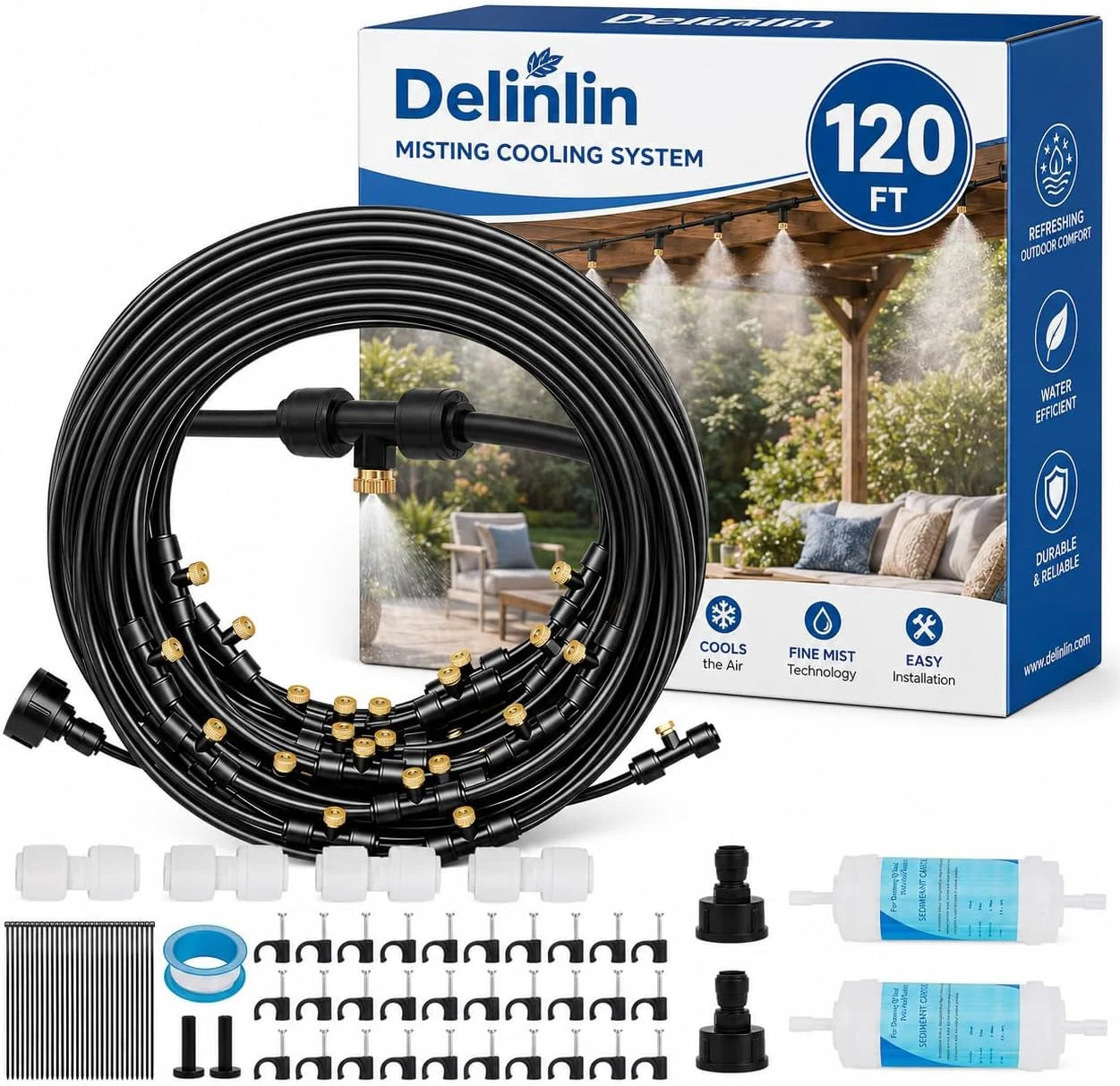 Lumi Discount Misters for Outside Patio, Outdoor Misting Cooling System with 28 Brass Nozzles & 2 Water Filters - Image 2