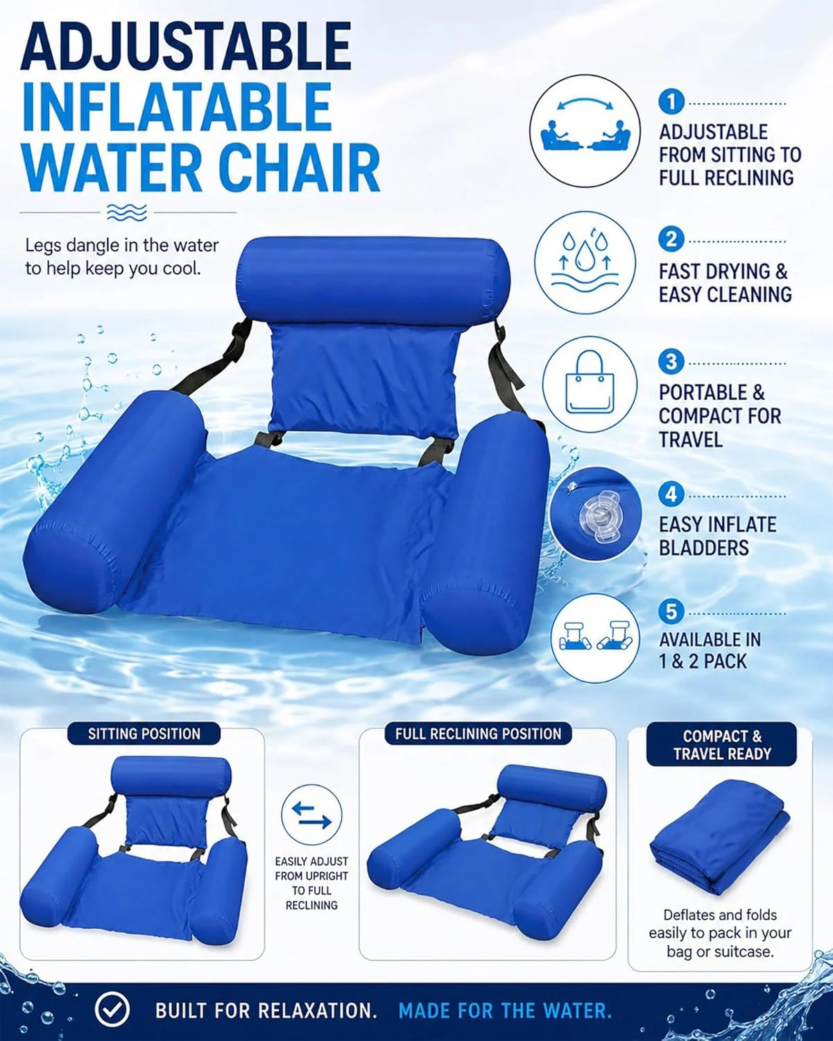 Discount 2-Pack Water Chair Inflatable Pool Float Lounges for Adults, Adjustable Reclining Water Chairs for Pool - Image 7