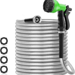 Discount 100ft 304 Stainless Steel Garden Hose Metal, Heavy Duty Water Pipe with Nozzles for Yard