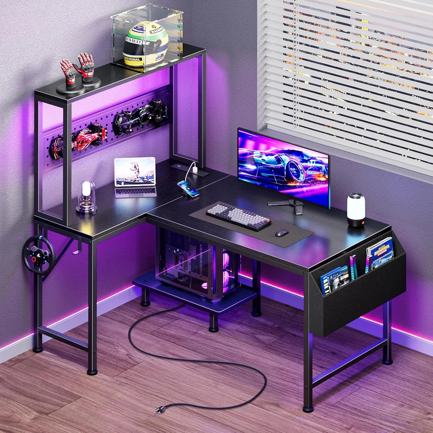 Discount L Shaped Gaming Desk with LED Lights & Power Outlets, Reversible Computer Desk with Storage Shelves & Bag - Image 11