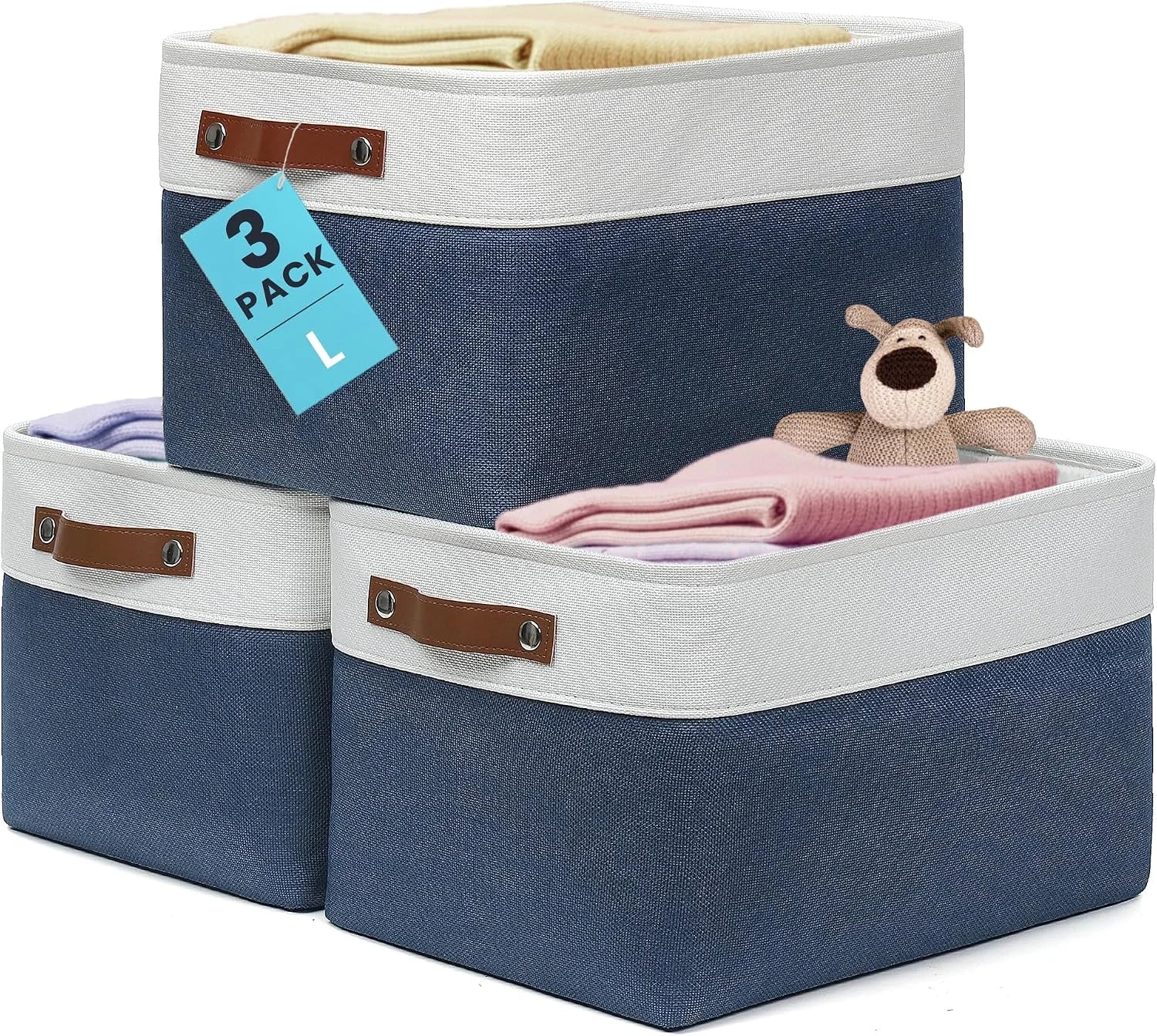 Discount Baskets 3 Pack, Fabric Bins for Shelves, Vegan leather handles - Image 12