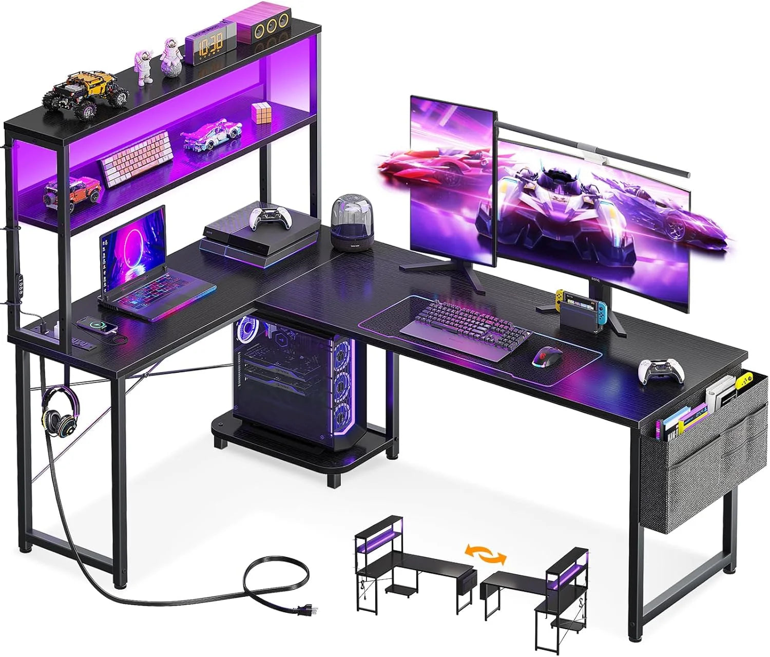 Discount L Shaped Desk Gaming Desk with LED Light & Power Outlet, 53 Inch Black Reversible L Shaped Computer Table - Image 2