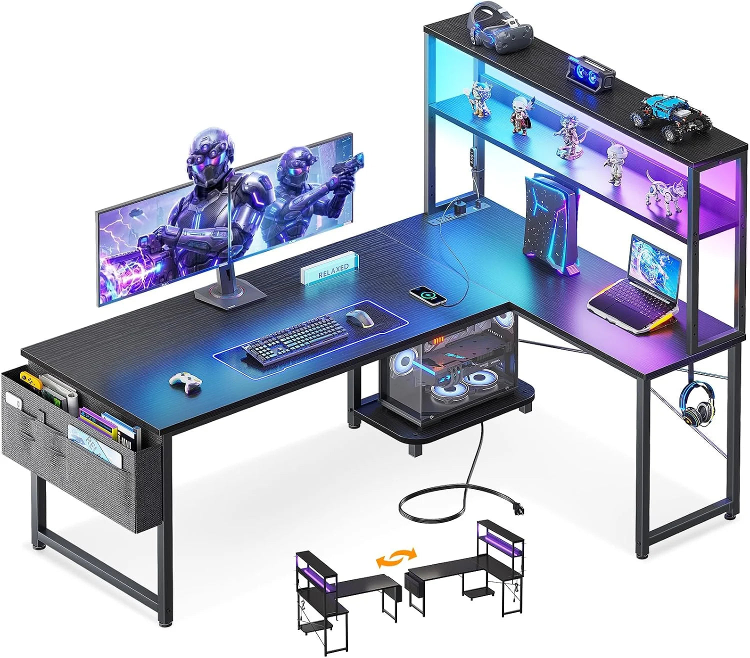 Lumi Discount 53 L Shaped Gaming Desk with Shelves, LED & Outlets - Image 3