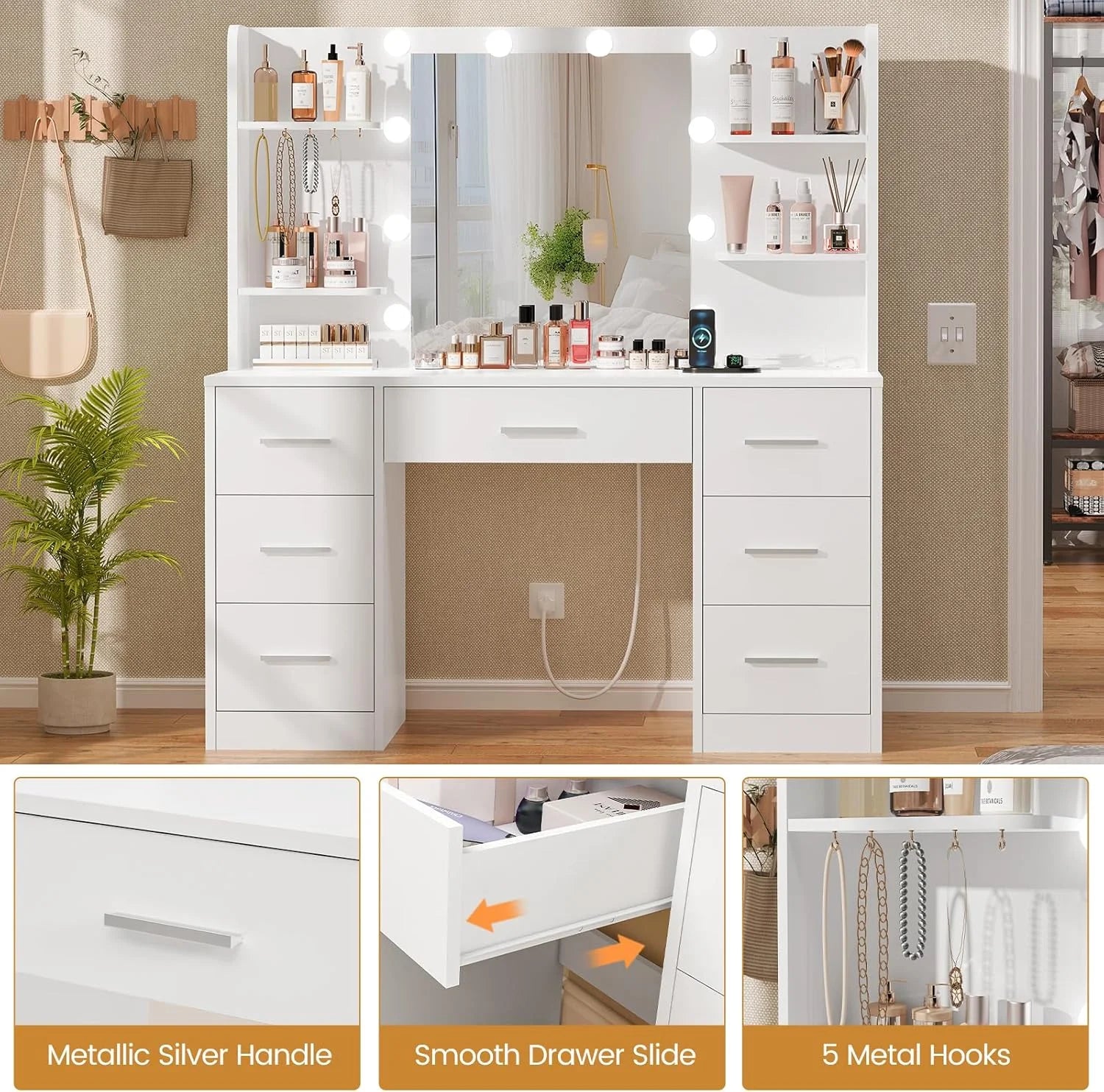 Discount Large Vanity Desk with LED Lighted Mirror & Power Outlet, Makeup Vanity Table with 7 Drawers - Image 7