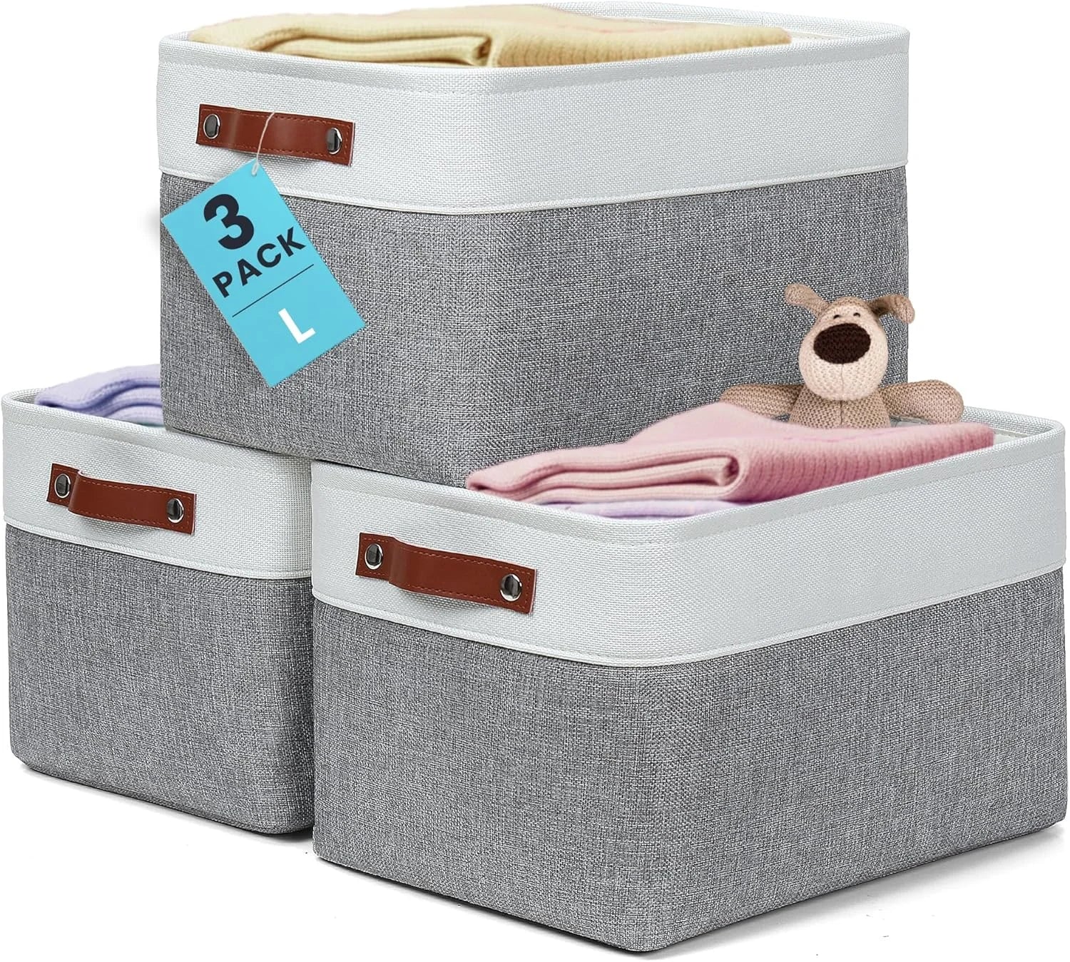Discount Baskets 3 Pack, Fabric Bins for Shelves, Vegan leather handles - Image 7