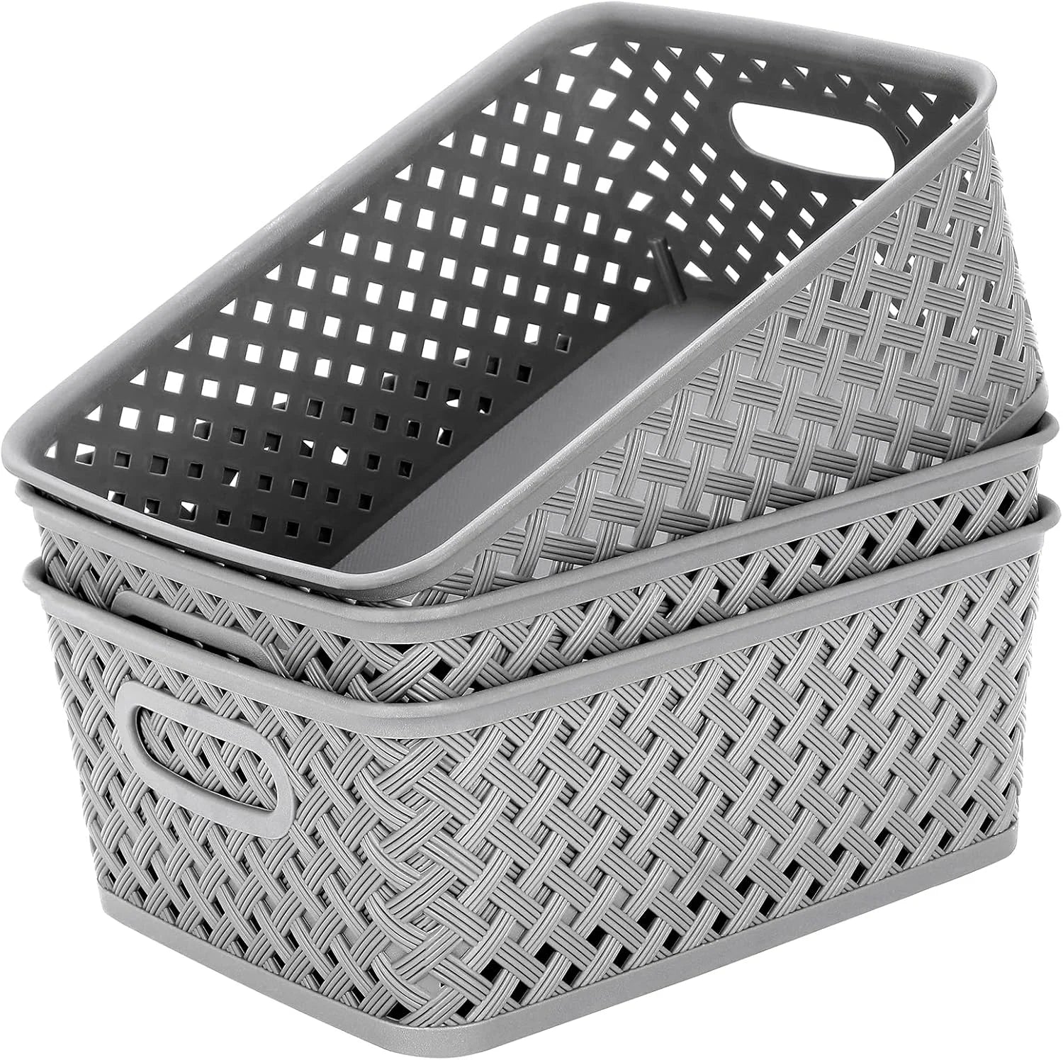 Discount 3 Pack Plastic Storage Baskets, Large, White, Durable Woven Plastic with Built-In Handles - Image 12