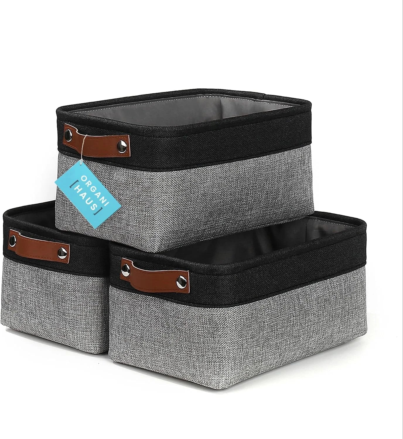 Discount Baskets 3 Pack, Fabric Bins for Shelves, Vegan leather handles - Image 16