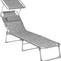 Discount Sun Lounger, Folding Patio Chaise Lounge Chair with Canopy, 76 x 20.9 x 11.4 Inches, Holds 330 lb