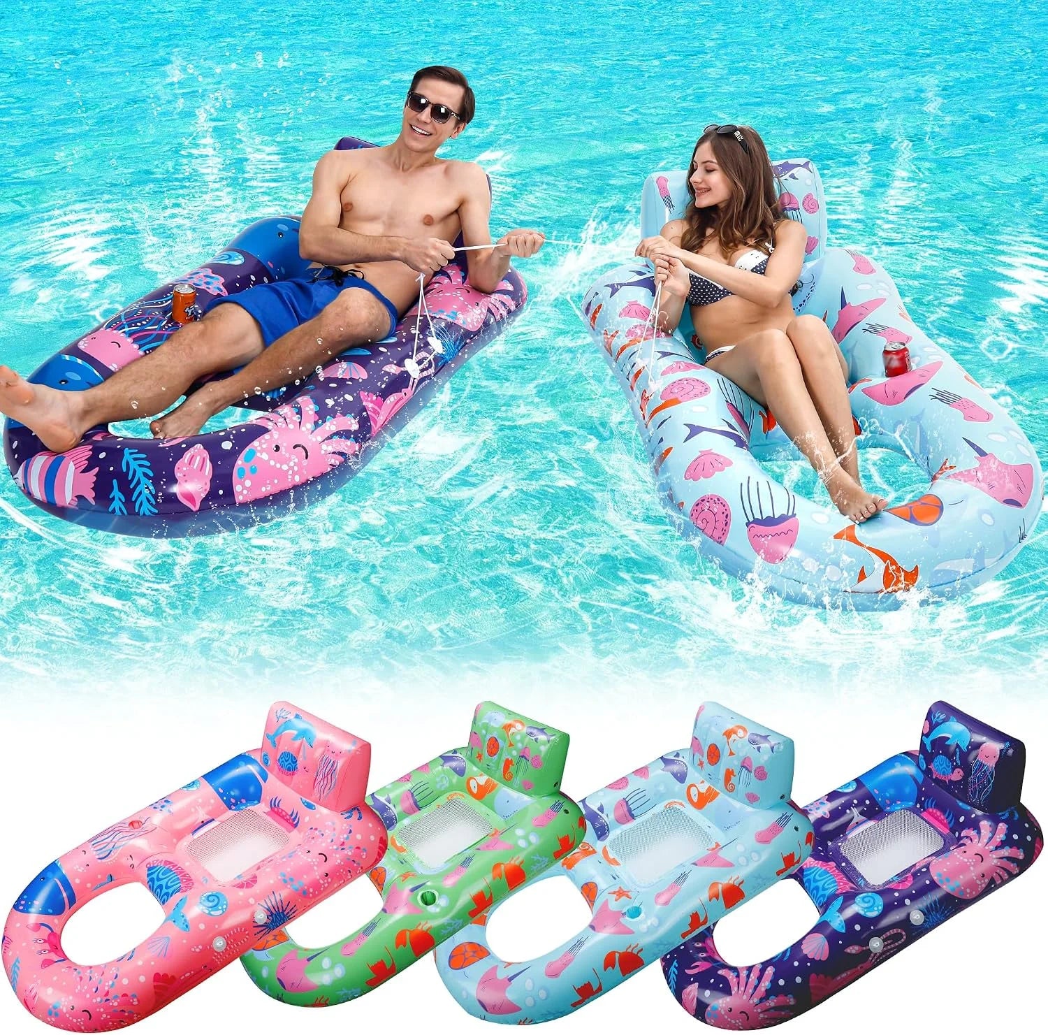 Lumi Discount 4 Pack Pool Floats Adult, Inflatable Pool Lounger Float Heavy Duty with Cup Holder