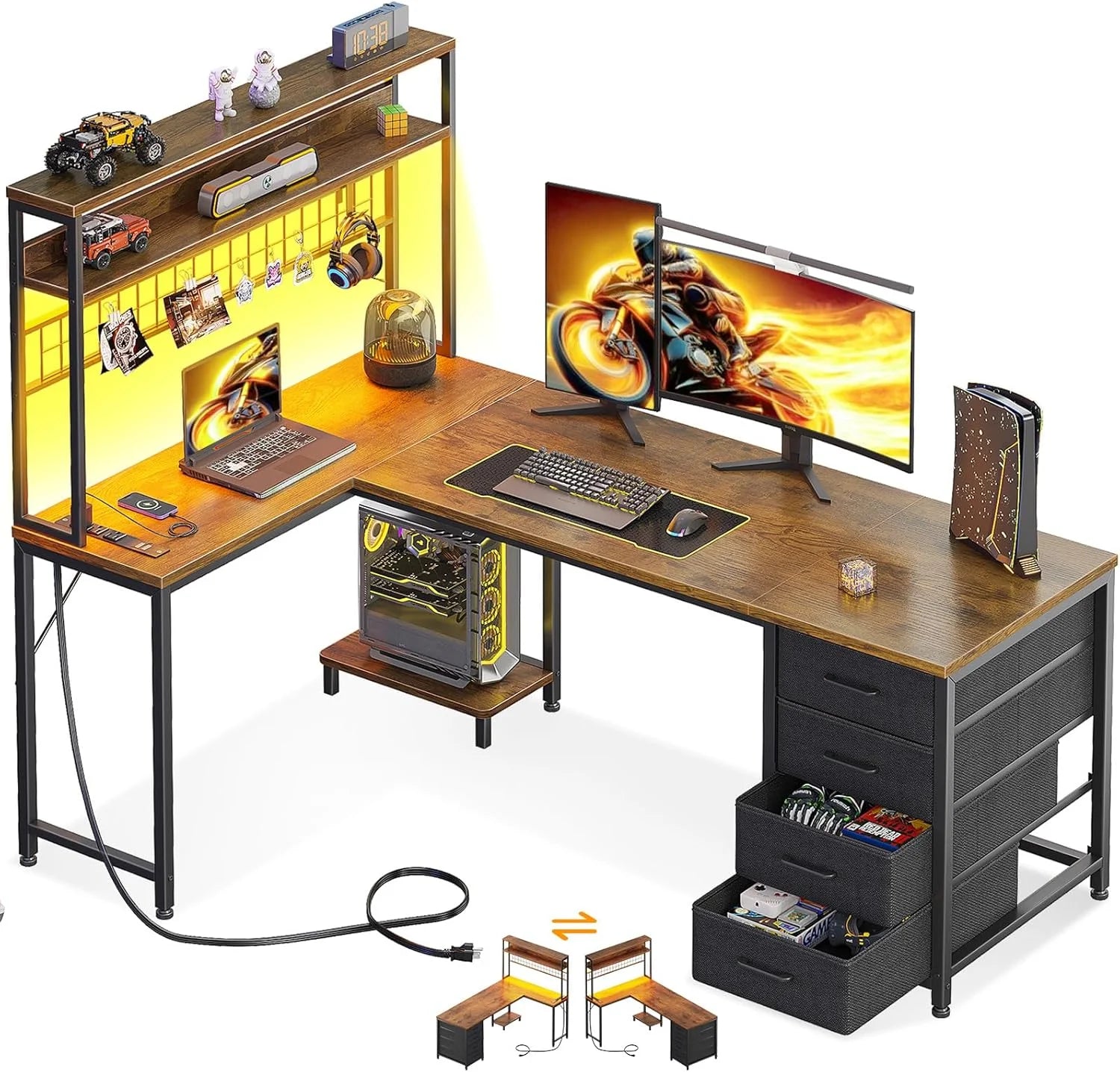 Discount L Shaped Desk Gaming Desk with LED Light & Power Outlet, 53 Inch Black Reversible L Shaped Computer Table - Image 9