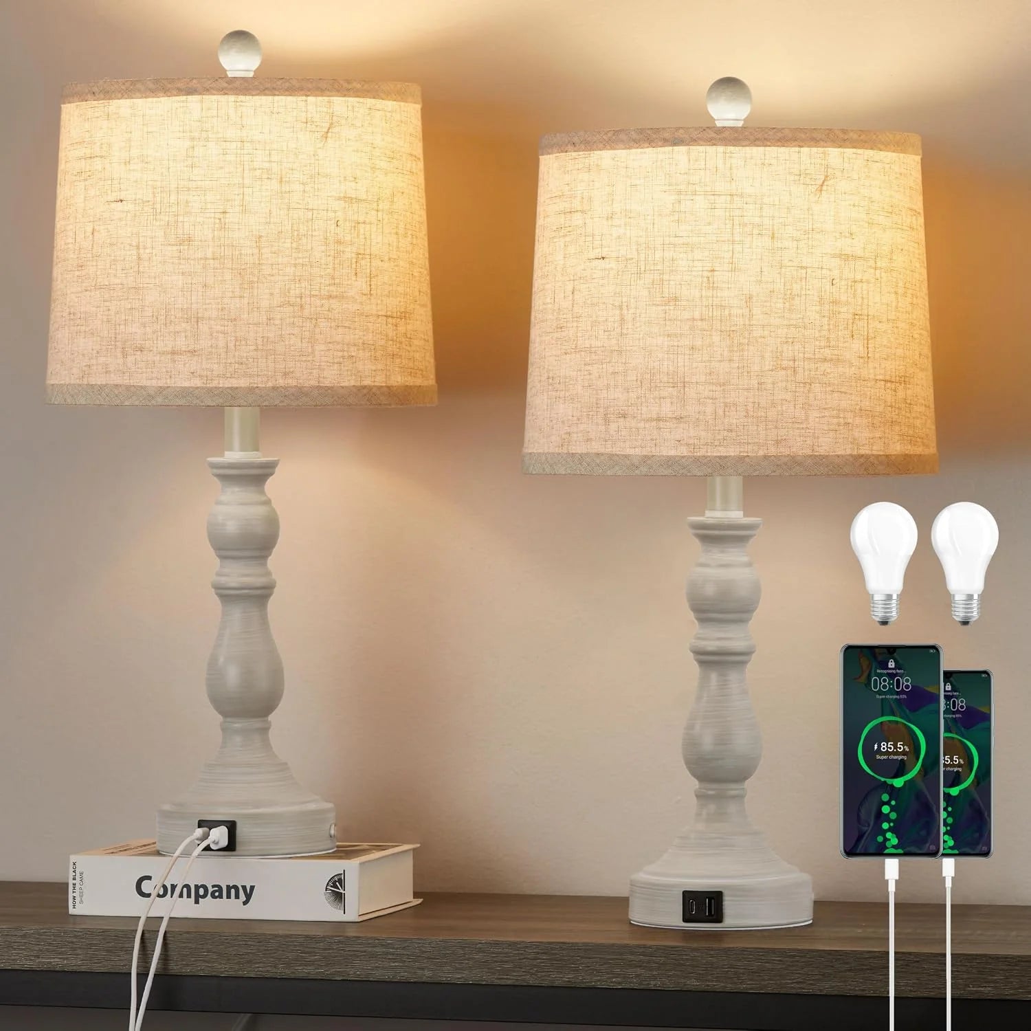 Discount 23” Farmhouse Table Lamps for Living Room Set of 2 with USB C+A Ports, 3-Color Temperature, Bulb Included - Image 6