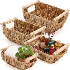 Discount Wicker Storage Baskets, Hand Woven Organizing Basket, Water Hyacinth Nesting Shelf Bins with Wooden