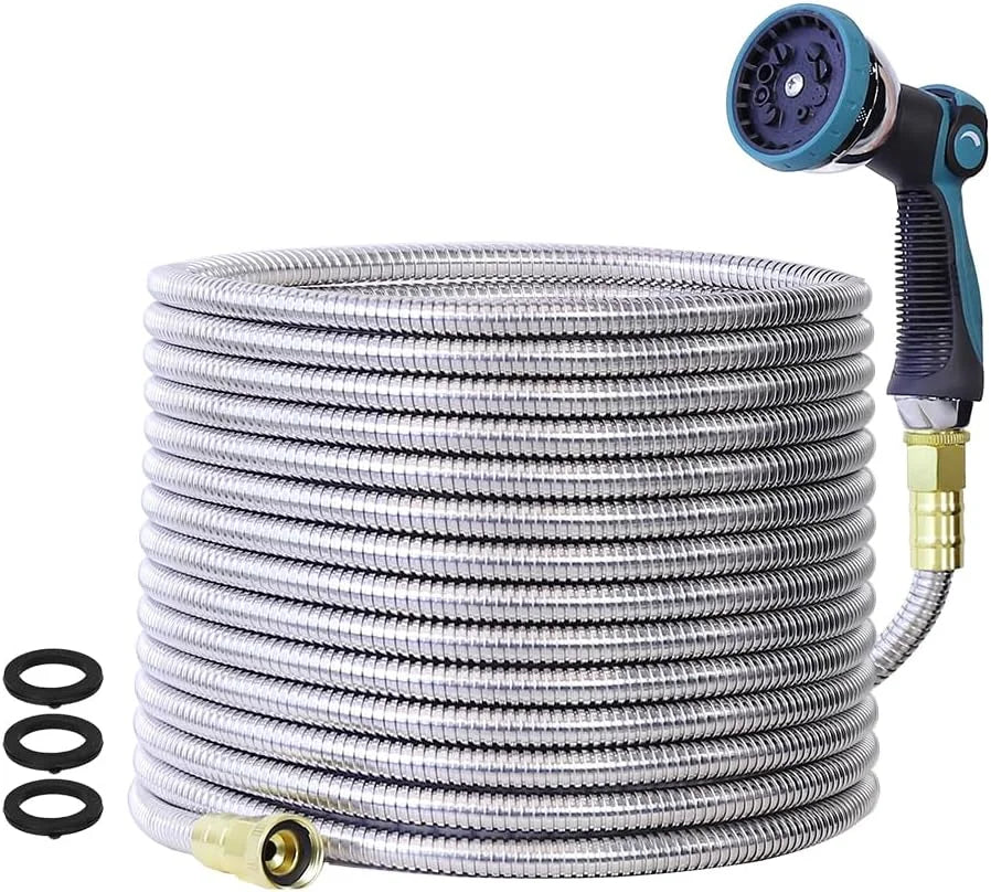 Lumi Discount Garden Hose, Stainless Steel Water Hose, Flexible with a 10-Mode Nozzle Sprayer, 5/8" Outside Diameter - Image 2