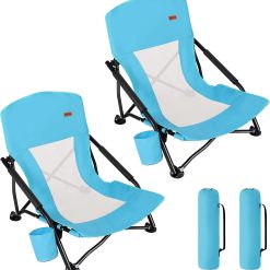Lumi Discount Low Beach Chair for Adults 2 Pack, Low Profile Folding with Cup Holder & Carry Bag, Heavy Duty Chair for Outdoor