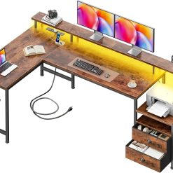 Discount 66” L Shaped Gaming Desk with Drawers and Storage Shelves, Reversible Corner Desk with Power Outlets and Host