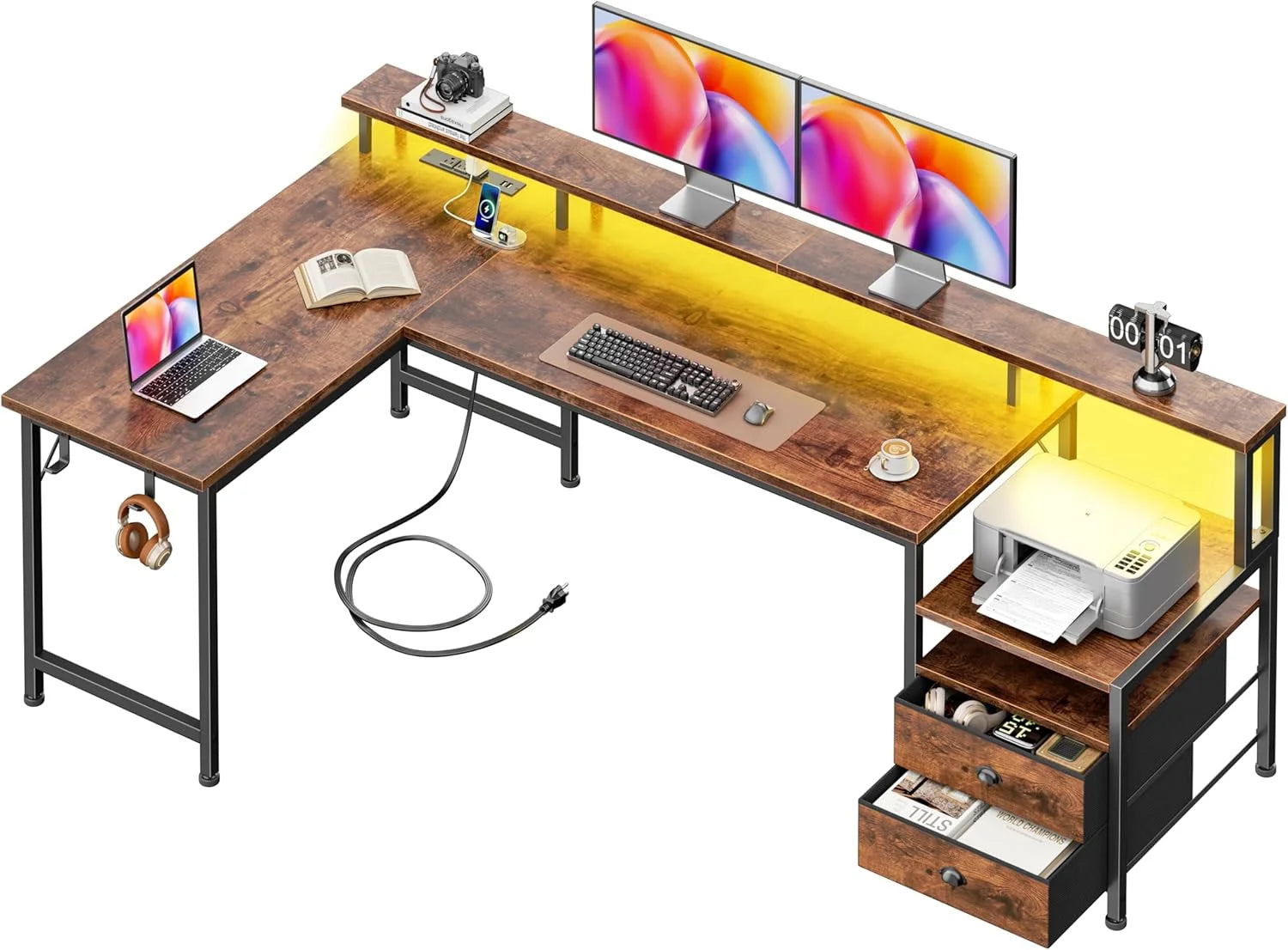 Discount 66” L Shaped Gaming Desk with Drawers and Storage Shelves, Reversible Corner Desk with Power Outlets and Host