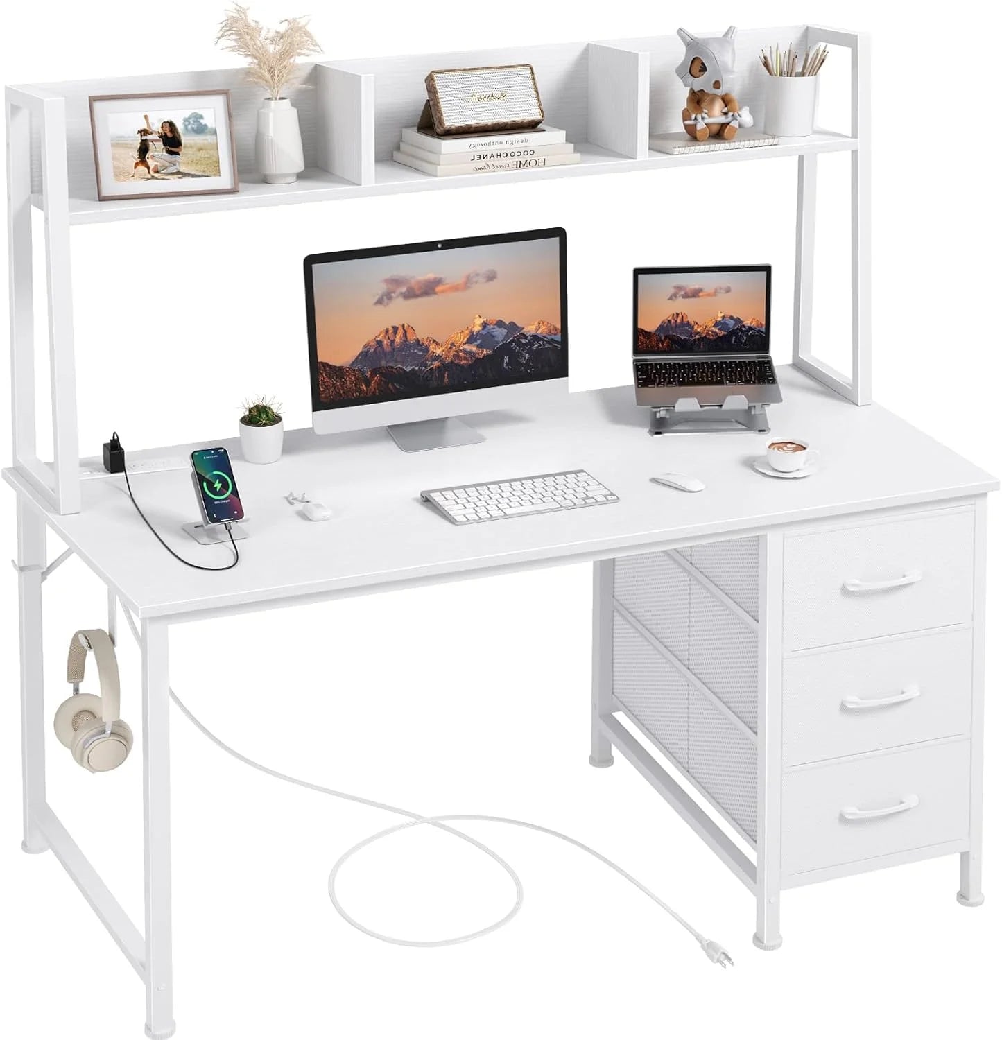 Discount DLisiting White Computer Desk with Hutch & Drawers, 47 Inch Modern Study Writing Office Desk with 3 Storage Drawers and