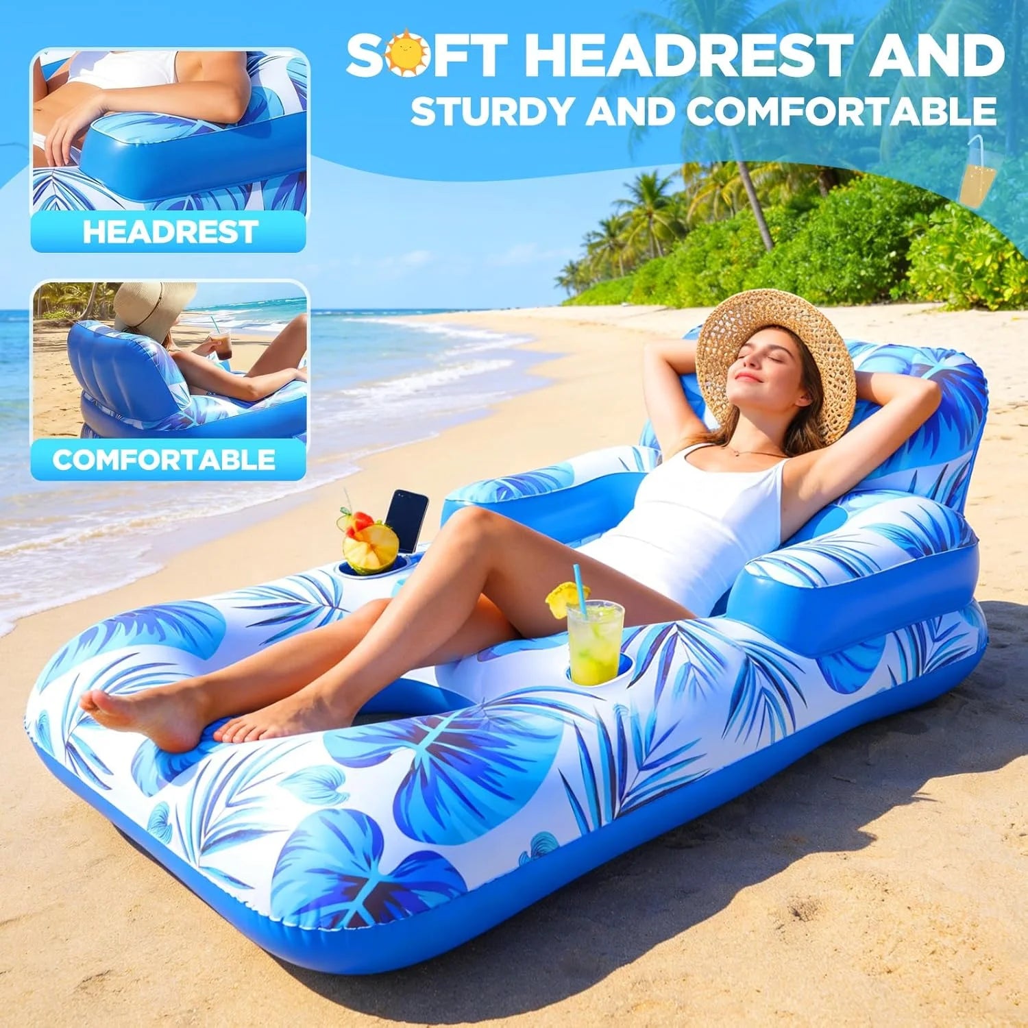 Lumi Discount Pool Floats Adult, 65 Thicken PVC Inflatable Pool Float Lounger Rafts with Cup & Phone Holder & Headrest - Image 5