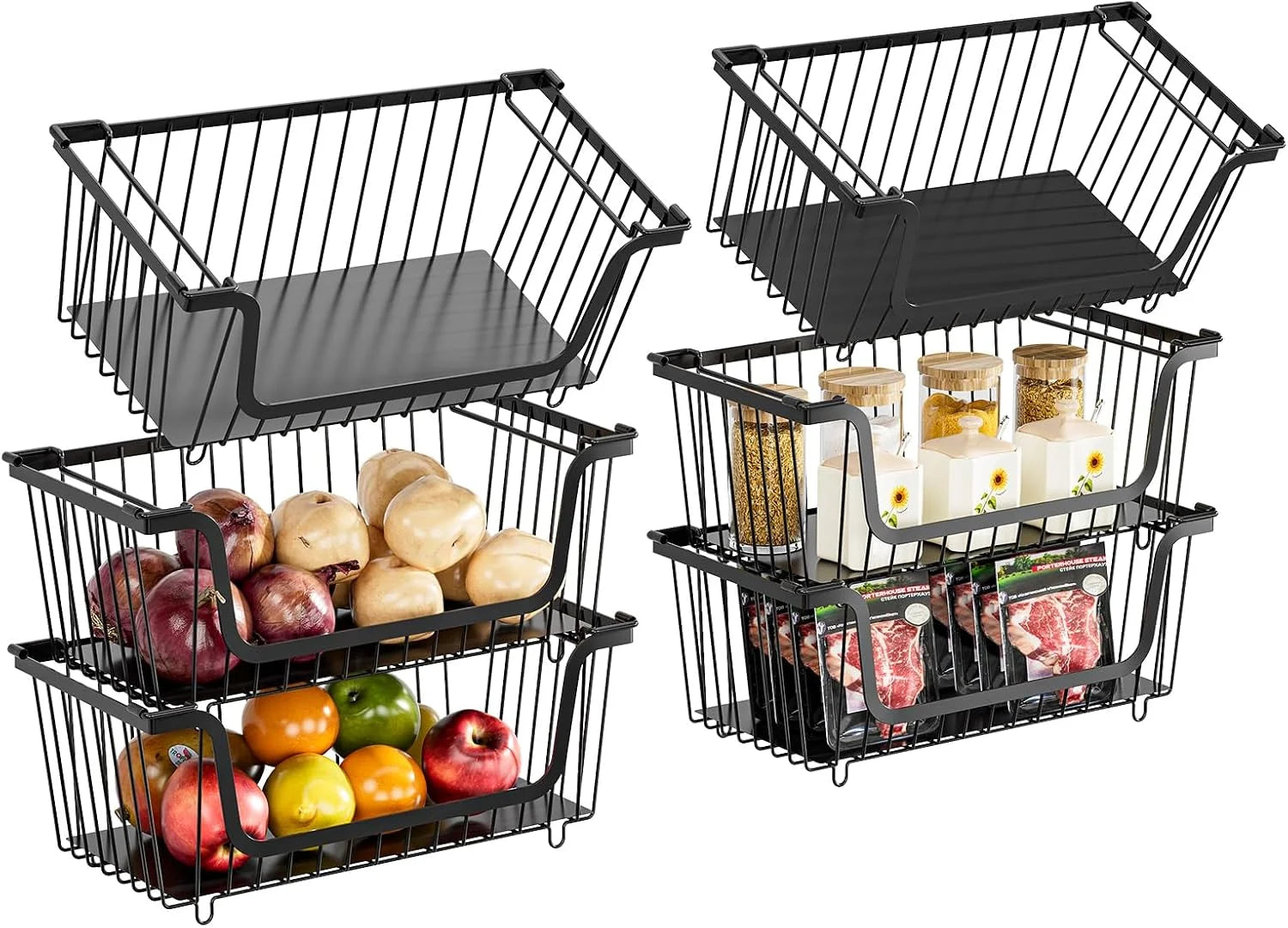 Discount Stackable Wire Baskets Pantry Organizers and Storage Bins, Black, Breathable Metal Design with Rotating - Image 5