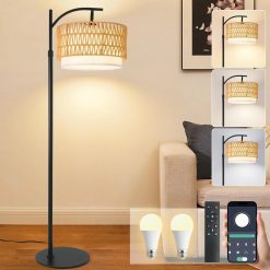 Discount Gold Boho Rattan Floor Lamp w/Remote, Dimmable