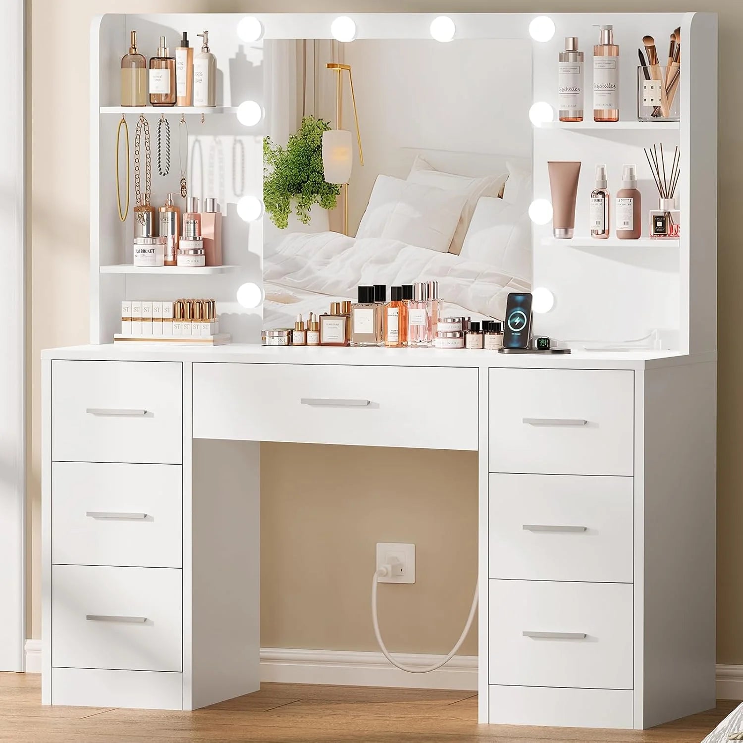 Discount Large Vanity Desk with LED Lighted Mirror & Power Outlet, Makeup Vanity Table with 7 Drawers - Image 2
