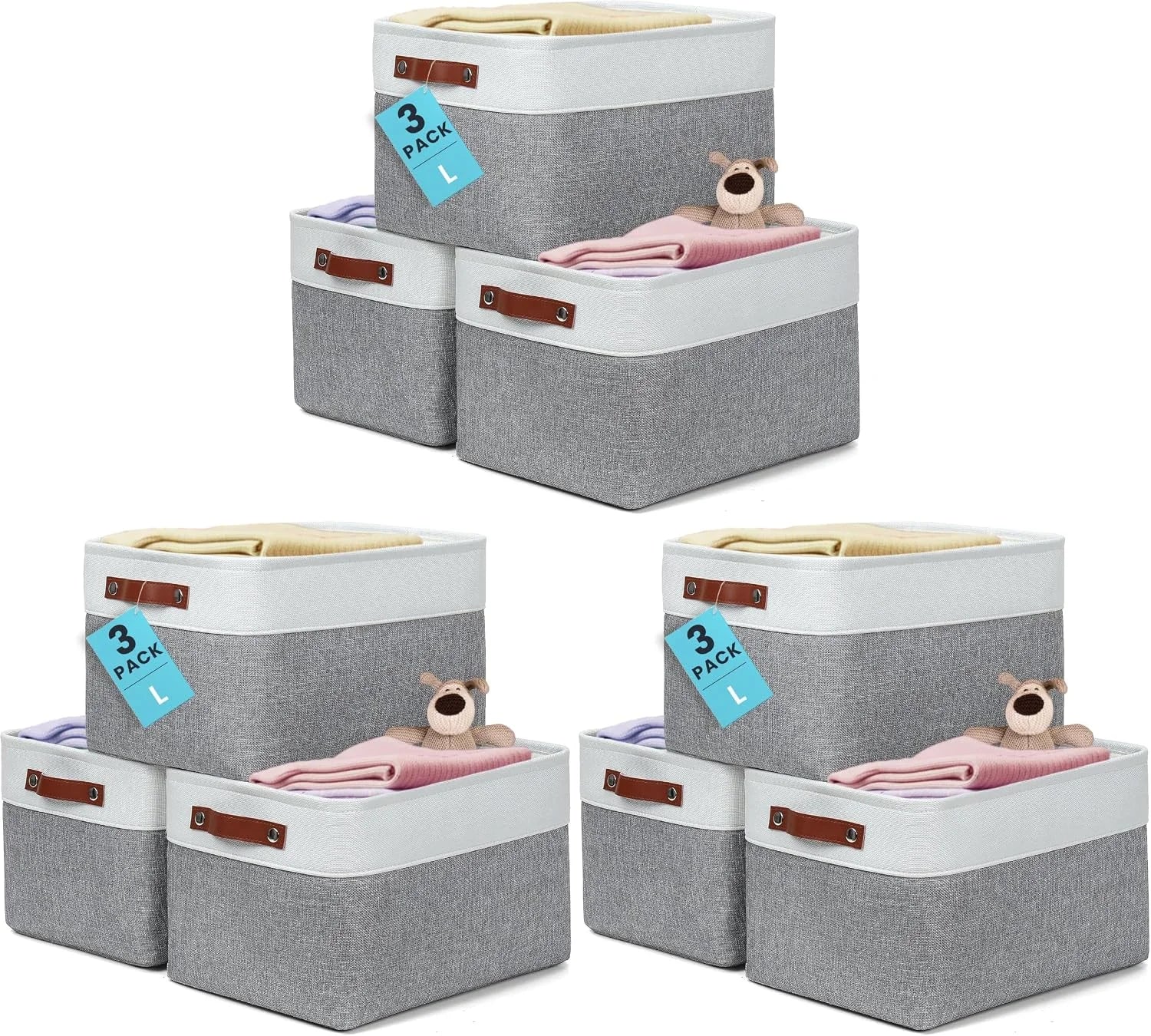 Discount Baskets 3 Pack, Fabric Bins for Shelves, Vegan leather handles - Image 10