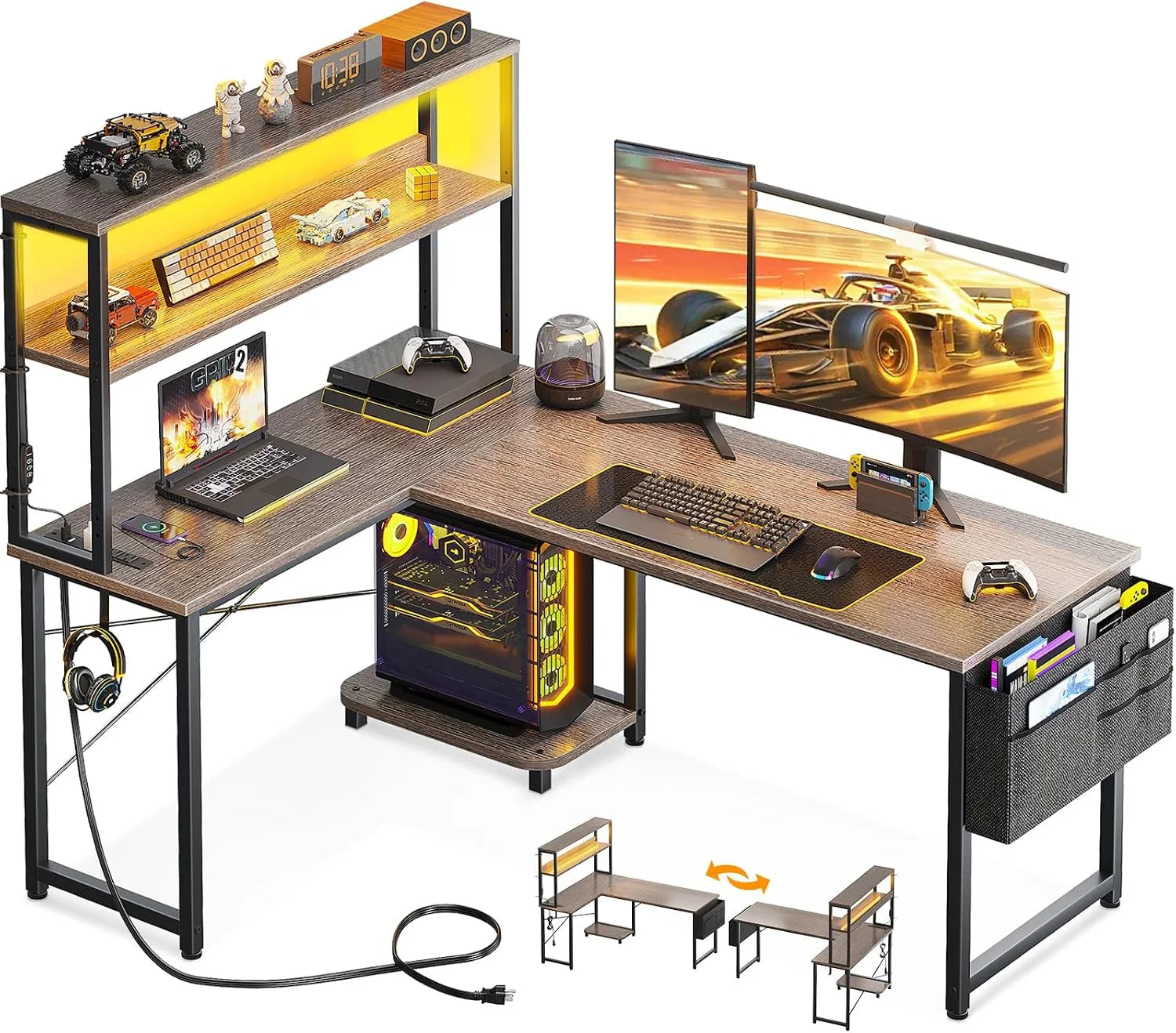 Discount L Shaped Desk Gaming Desk with LED Light & Power Outlet, 53 Inch Black Reversible L Shaped Computer Table - Image 7