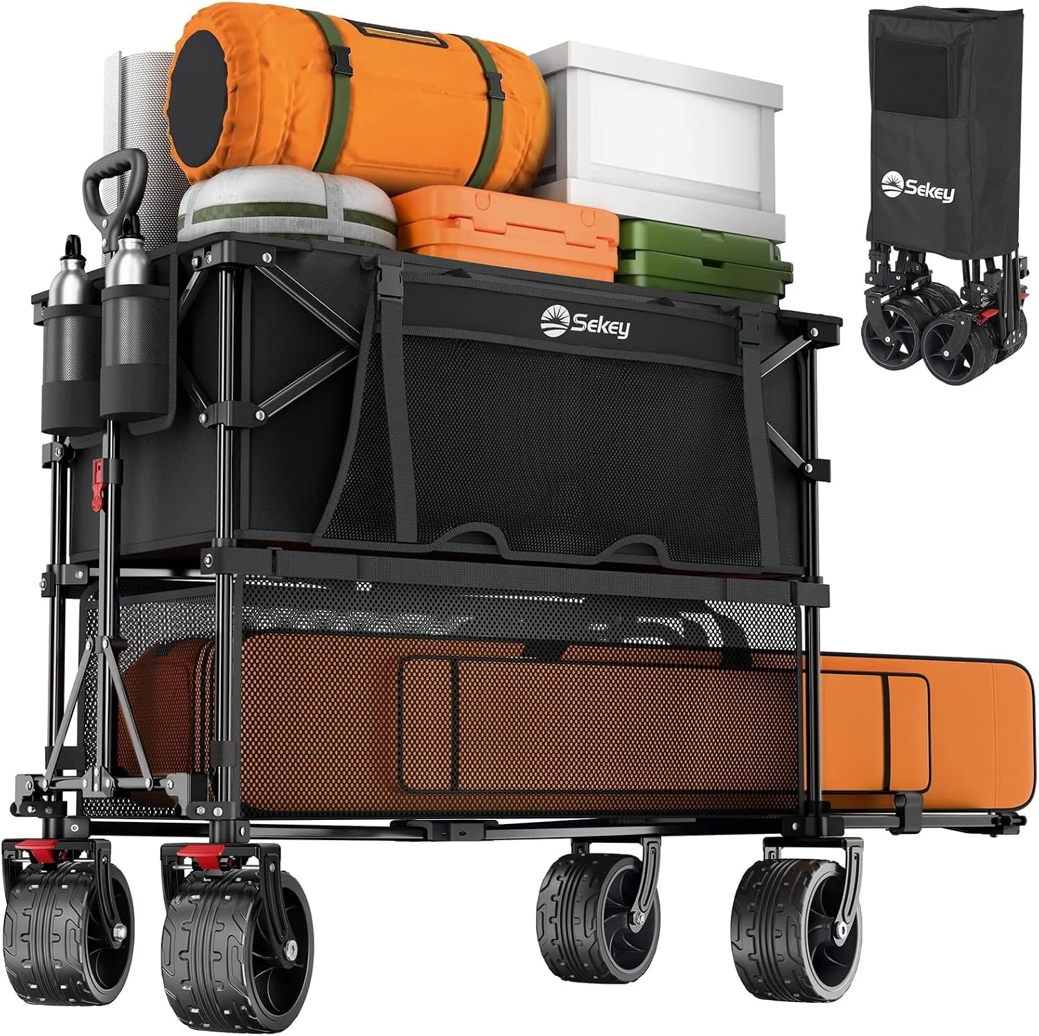 Lumi Discount Sekey 500LBS Heavy Duty Double Decker Wagon with Extender, 400L Large Capacity Collapsible Garden Cart Fits 10x10 Canopy