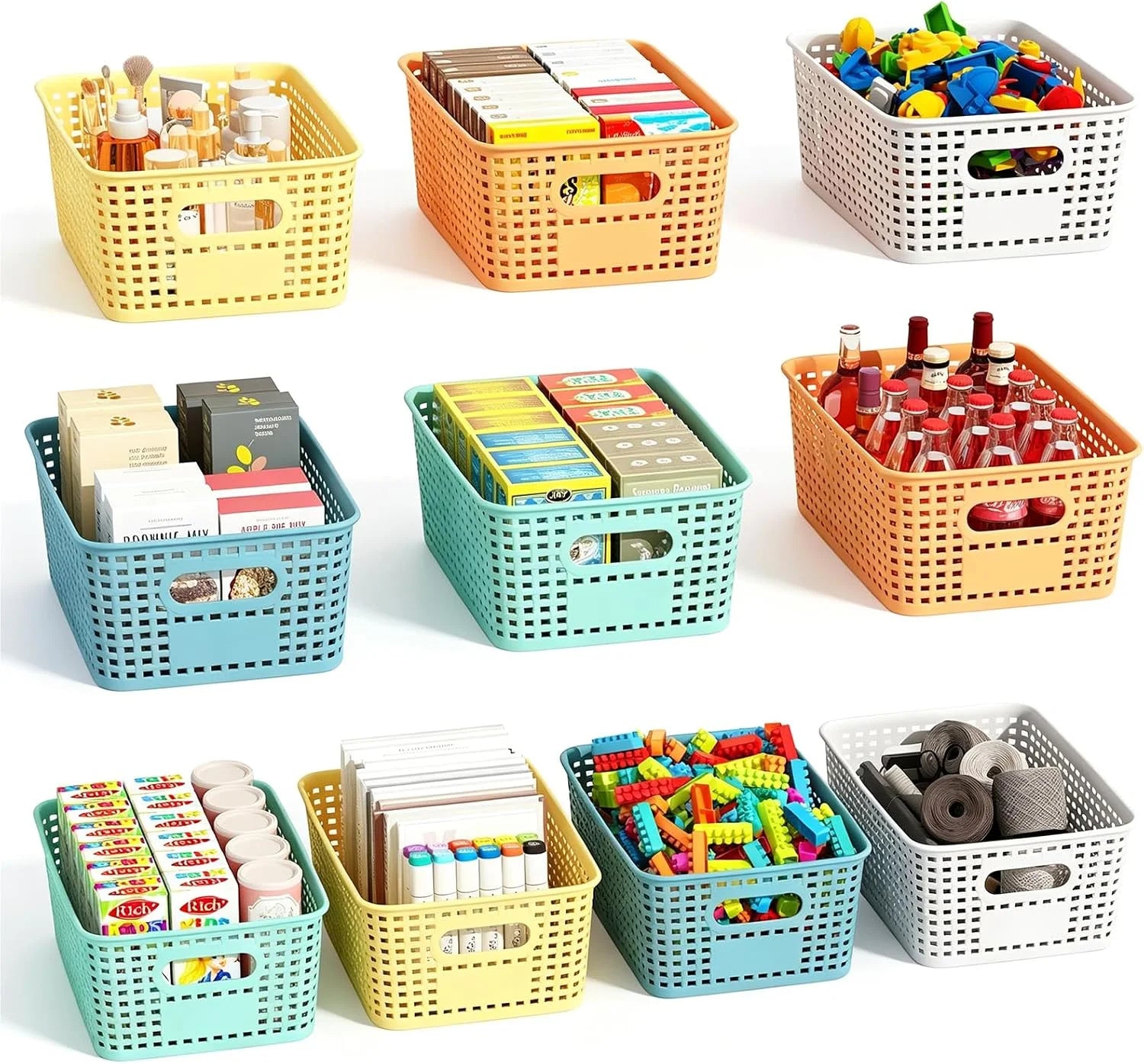 Discount Plastic Storage Baskets Bins for Home Organizing, 10 Pack, Space-Saving Storage Container with Handles