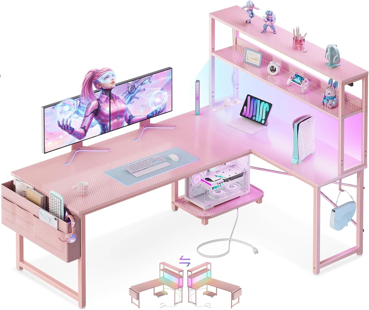 Lumi Discount 53 L Shaped Gaming Desk with Shelves, LED & Outlets - Image 2