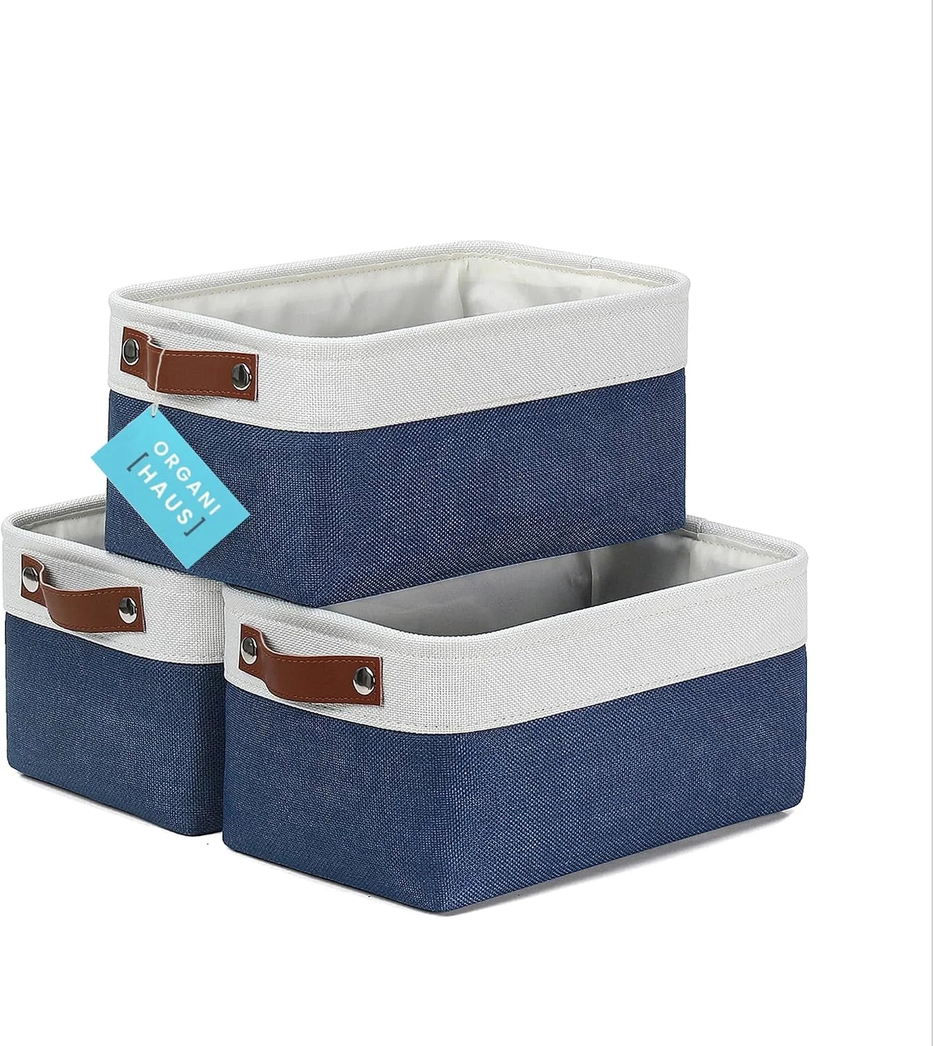 Discount Baskets 3 Pack, Fabric Bins for Shelves, Vegan leather handles - Image 13