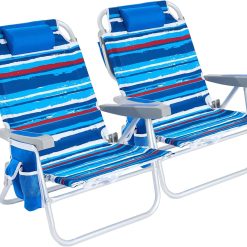 Lumi Discount Low Beach Chair 2 Pack, 5-Position Lay Flat Reclining, Backpack Portable Folding Chairs with Cooler Bag & Cup