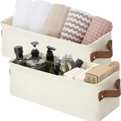 Discount StorageWorks Fabric Narrow Storage Bins, Khaki and Beige Stripes, 2-Pack, With Metal Frame, Sturdy Structure