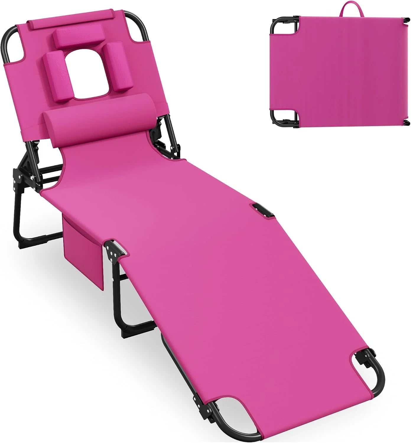 Discount 400lbs Tanning Chair with Face Hole, 5-Position Folding Chaise Lounge Chair with Side Pockets - Image 3
