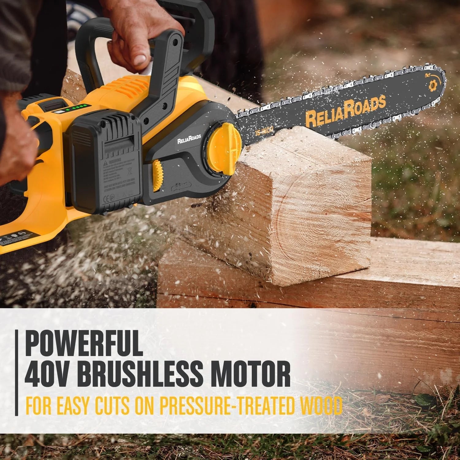 Lumi Discount ReliaRoads 16-Inch Brushless Chainsaw, 40V (2 x 20V MAX) Cordless Battery Powered Chain Saw Kit (Includes 2 Chains) Compatible DeWALT Battery
