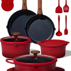 Lumi Discount CAROTE 20pcs Titanium Cookware Set, Pots and Pans Set Detachable Handle