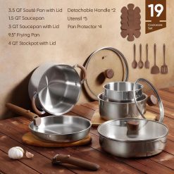 Alternative view of Discount 19pcs Stainless Steel Cookware Set with Detachable Handle, Pots and Pans Set