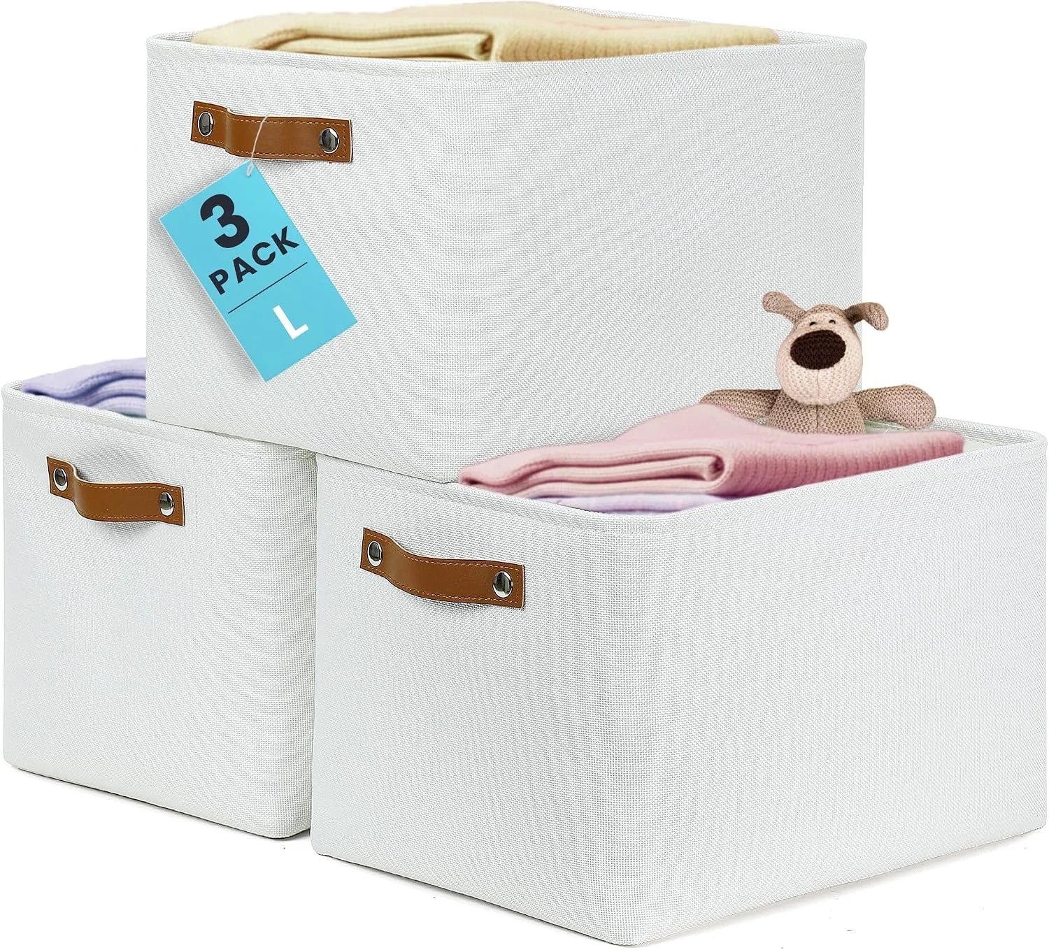Discount Baskets 3 Pack, Fabric Bins for Shelves, Vegan leather handles - Image 2
