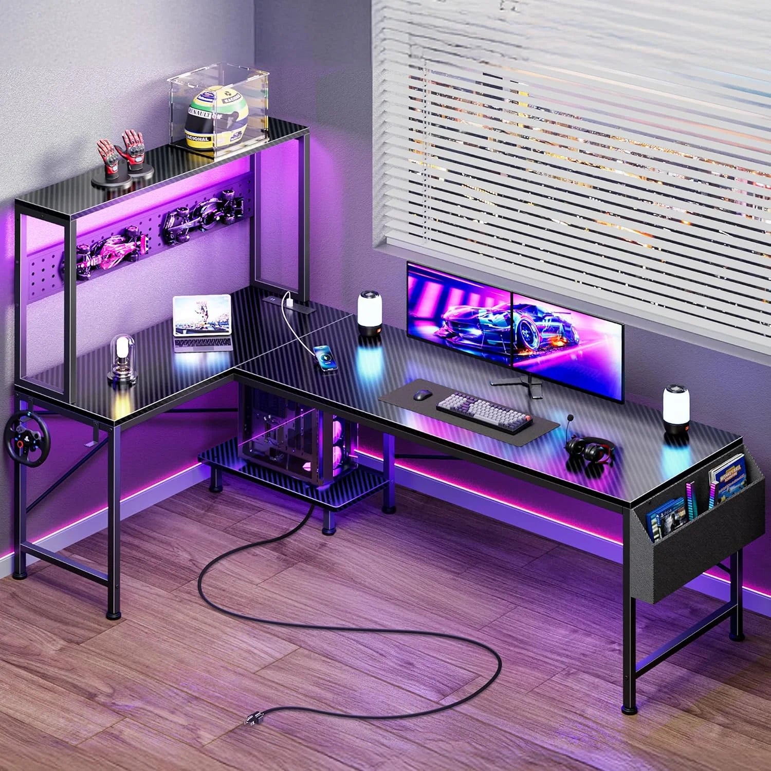 Discount L Shaped Gaming Desk with LED Lights & Power Outlets, Reversible Computer Desk with Storage Shelves & Bag - Image 6