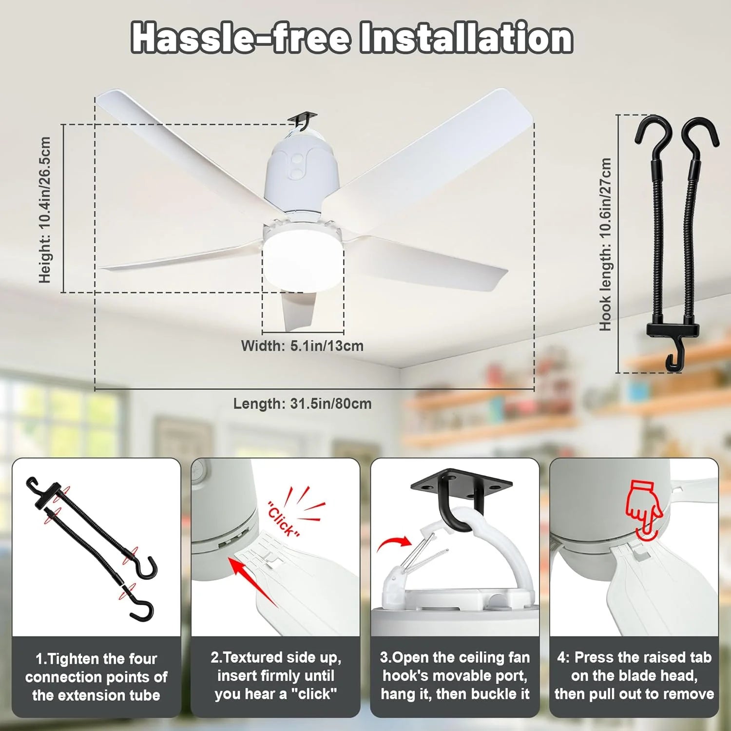 Lumi Discount Outdoor Ceiling Fan Light 31.5" 40000mAh Large Portable Ceiling Fan With Remote and Hanging Hook, 4 Wind Speeds - Image 6