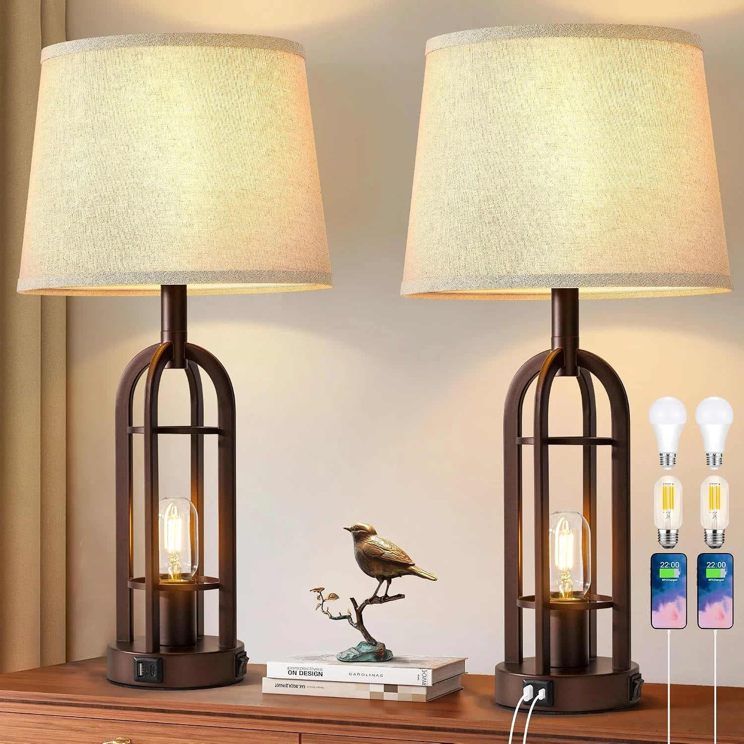 Discount Black Table Lamps for Living Room Set of 2, Farmhouse Lamps for Night Stands with USB A+C - Image 3