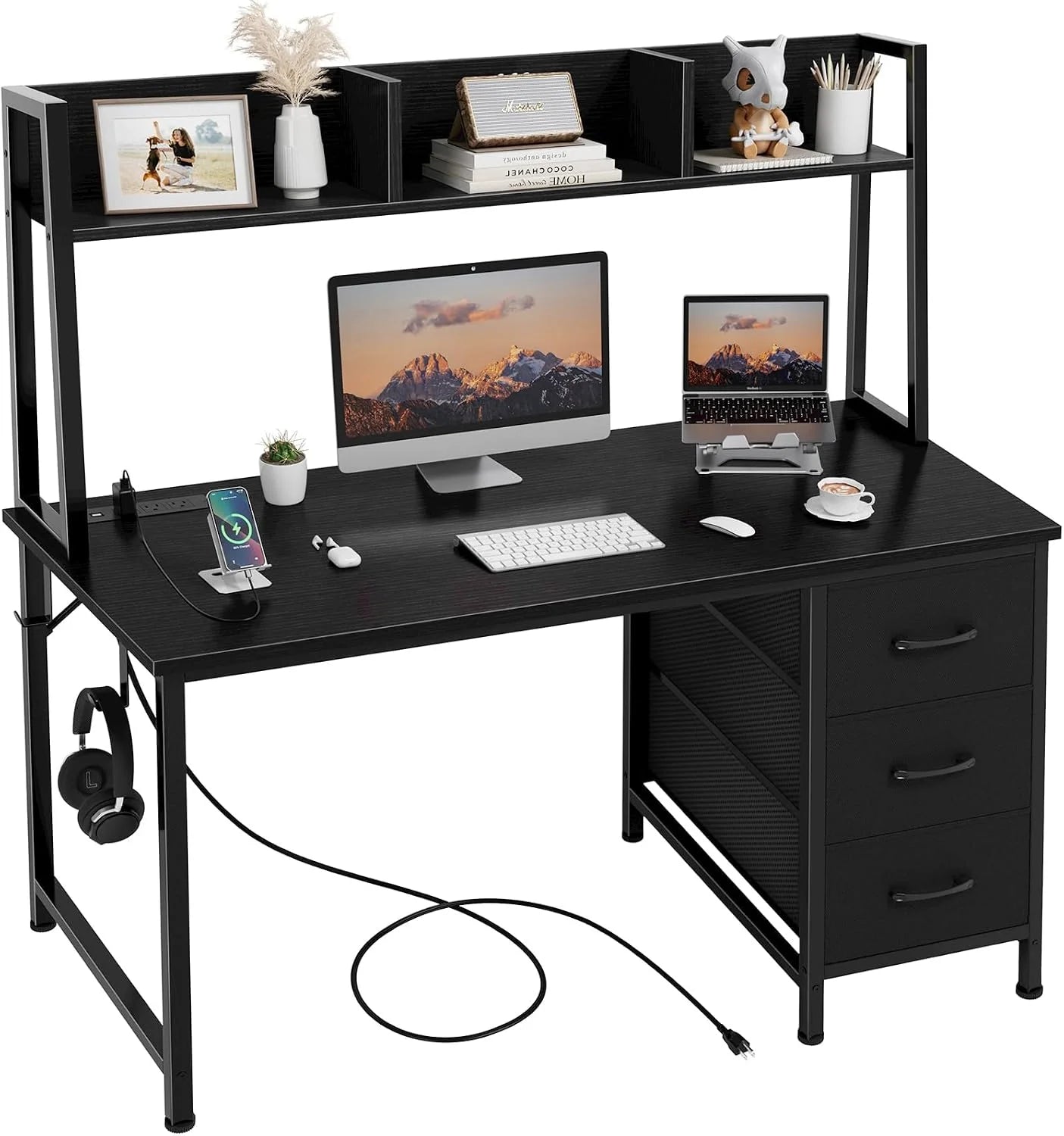 Discount DLisiting White Computer Desk with Hutch & Drawers, 47 Inch Modern Study Writing Office Desk with 3 Storage Drawers and - Image 2
