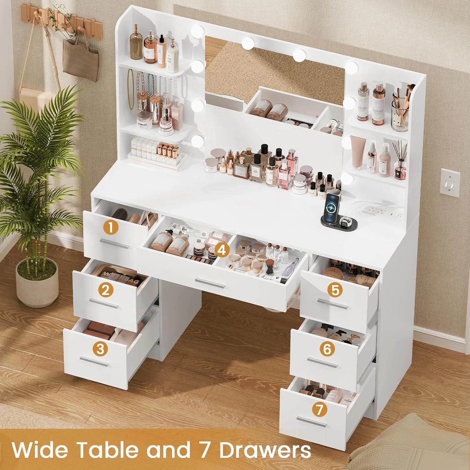 Discount Large Vanity Desk with LED Lighted Mirror & Power Outlet, Makeup Vanity Table with 7 Drawers - Image 3