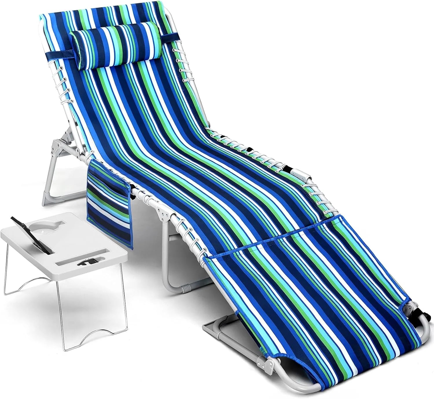 Lumi Discount Beach Chair Face Holes, Lounge Chair Outdoor with Folding Side Table, 5-Position Recliner, Max 330lbs