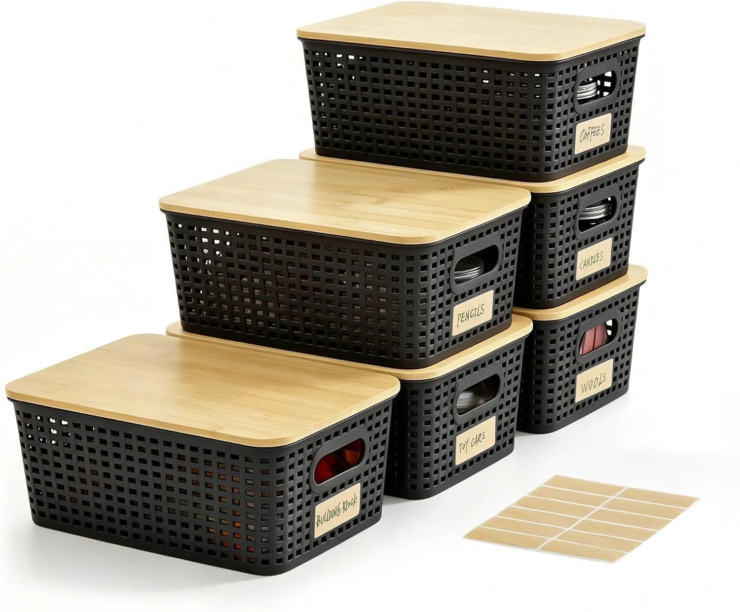 Discount Small Plastic Storage Bins with Bamboo Lids 5.2qt Stackable Box Basket Pantry Decorative Containers Cute