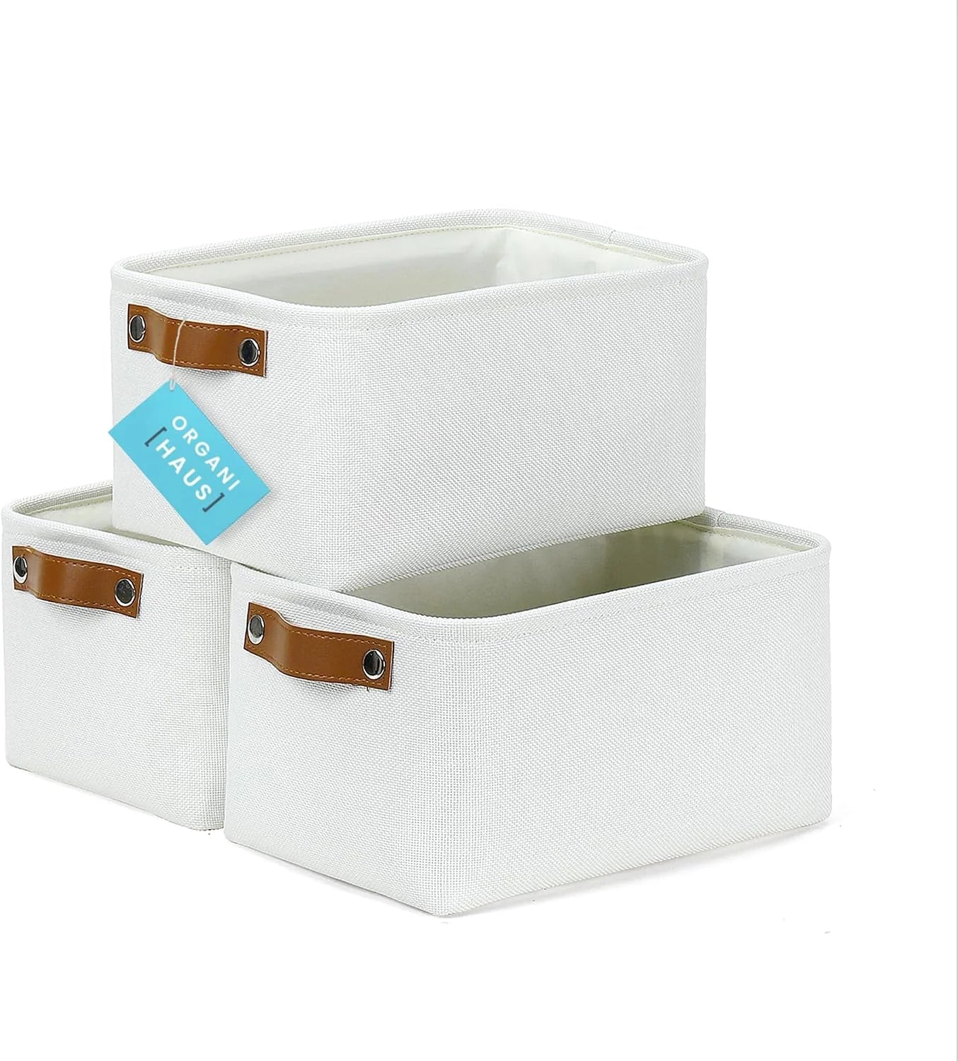 Discount Baskets 3 Pack, Fabric Bins for Shelves, Vegan leather handles - Image 3
