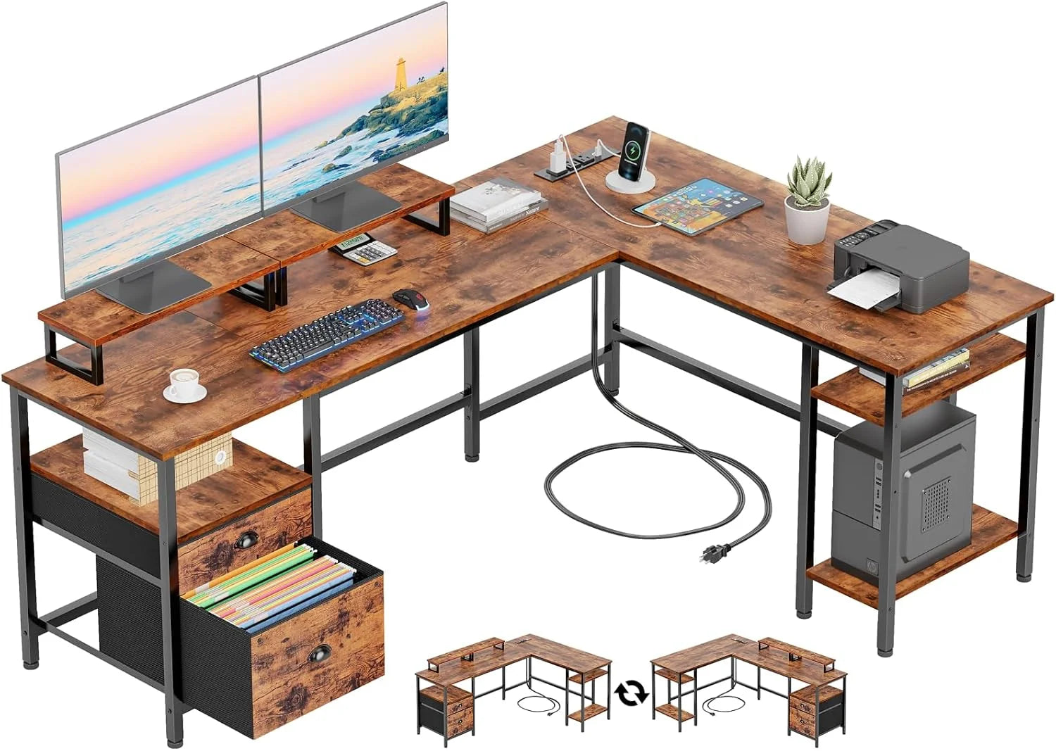 Discount Furologee 66" L Shaped Desk with Power Outlet, Reversible Home Office Desk with File Drawer, 2 Monitor Stands - Image 2