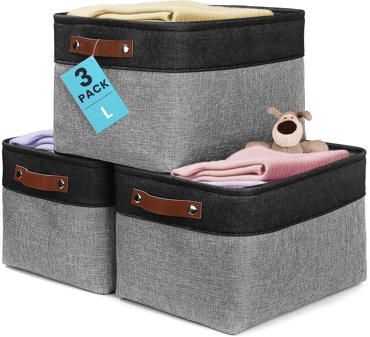 Discount Baskets 3 Pack, Fabric Bins for Shelves, Vegan leather handles - Image 4